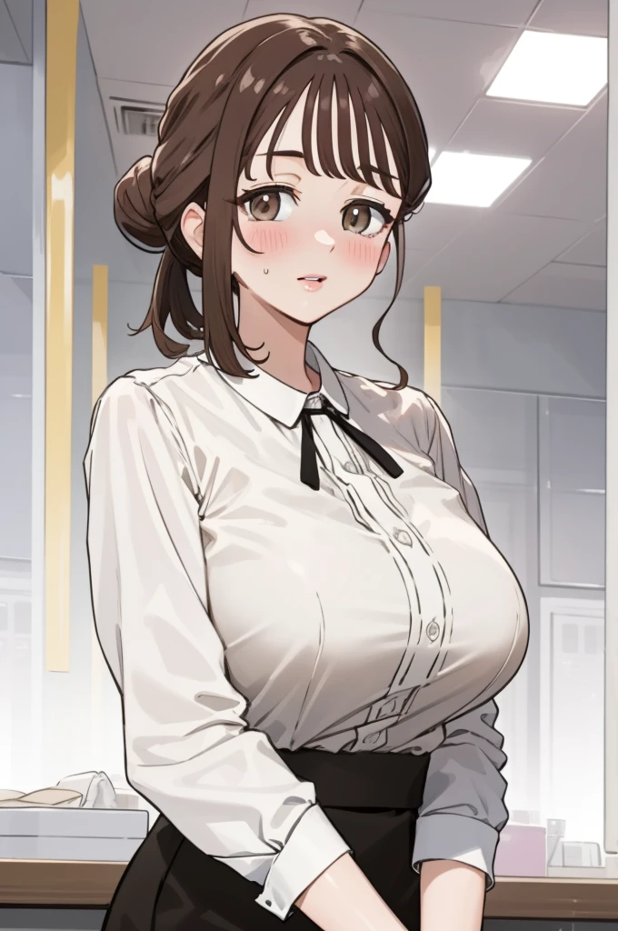 (masterpiece), (best quality), (highly detailed), (8k resolution), (best quality),huge_breasts,hair_bun,brown_hair,brown_eyes,detailed_lips,shy,ecstasy_face,blush,from front,(looking at viewer:1.3),office lady,(white buttoned shirt),skirt