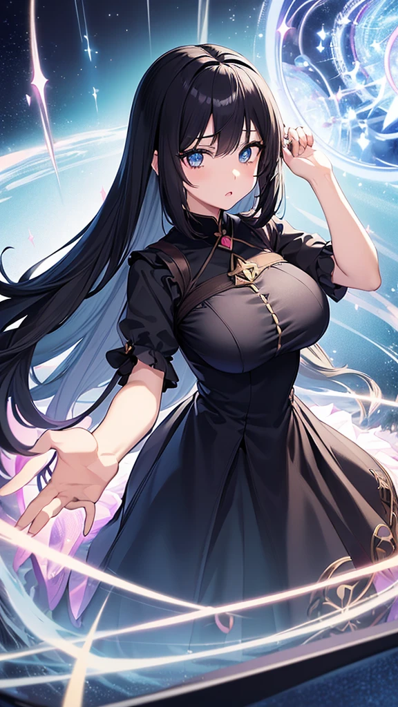 best quality, extremely detailed, anime style adult 1girl, long hair down to the waist, straight hair, ((dark black hair with bluish)), beautiful detailed eyes, pinched eyes, dark blue eyes, huge breasts,curvy, ((((kawaii magical dress)))),((trousers)),((mysterious item in mysterious place)),dynamic pose,magic square,game cg,