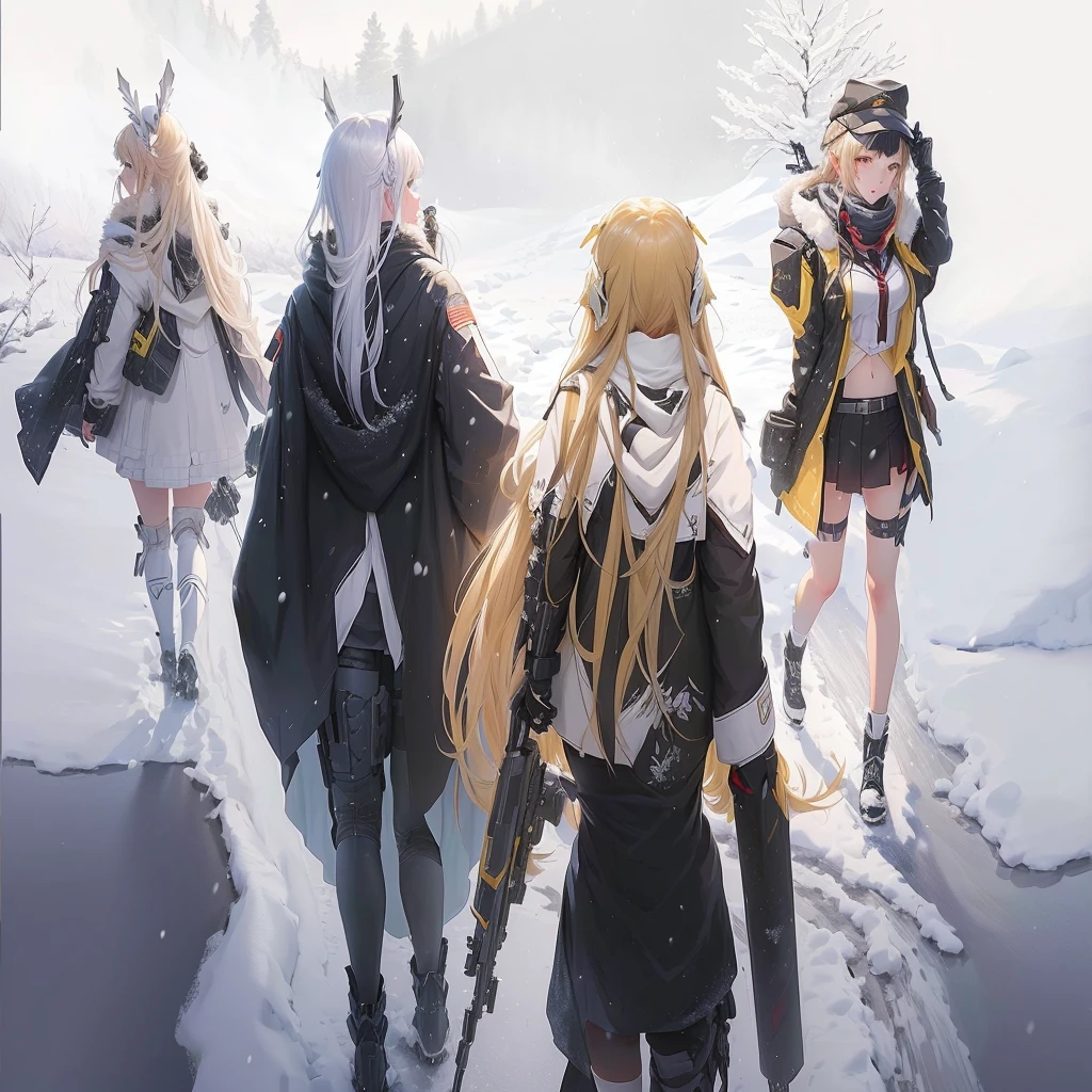 anime characters in a group walking through a snowy field, Girls' Frontline cg, from Girls' Frontline, Girls' Frontline style, Girls' Frontline universe, Girls' Frontline, fine-details. Girls' Frontline, arknights, best 4k konachan anime wallpaper, 坏蛋动漫8 K, dos arknights, anime key visual concept art, visual principal do romance visual, visual novel cg
