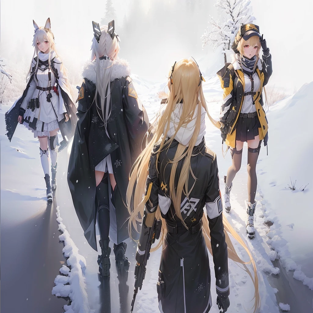 anime characters in a group walking through a snowy field, Girls' Frontline cg, from Girls' Frontline, Girls' Frontline style, Girls' Frontline universe, Girls' Frontline, fine-details. Girls' Frontline, arknights, best 4k konachan anime wallpaper, 坏蛋动漫8 K, dos arknights, anime key visual concept art, visual principal do romance visual, visual novel cg