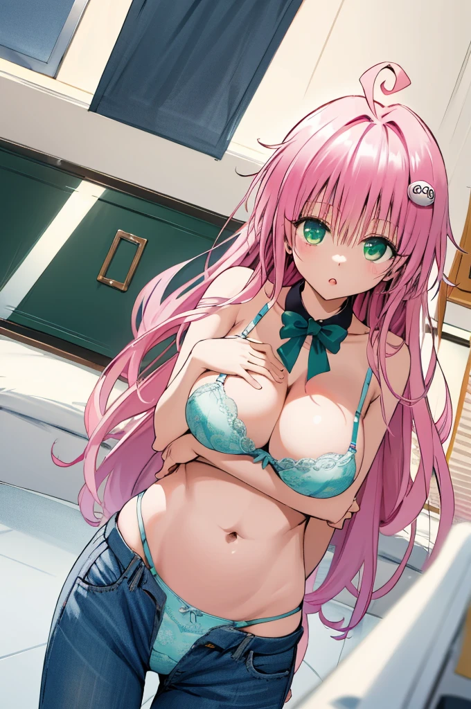 masterpiece, best quality, highres, aalala, long hair, ahoge, hair ornament, green eyes,pink, , (((huge breasts))), bra,panties,standing,,looking viewer,indoor,