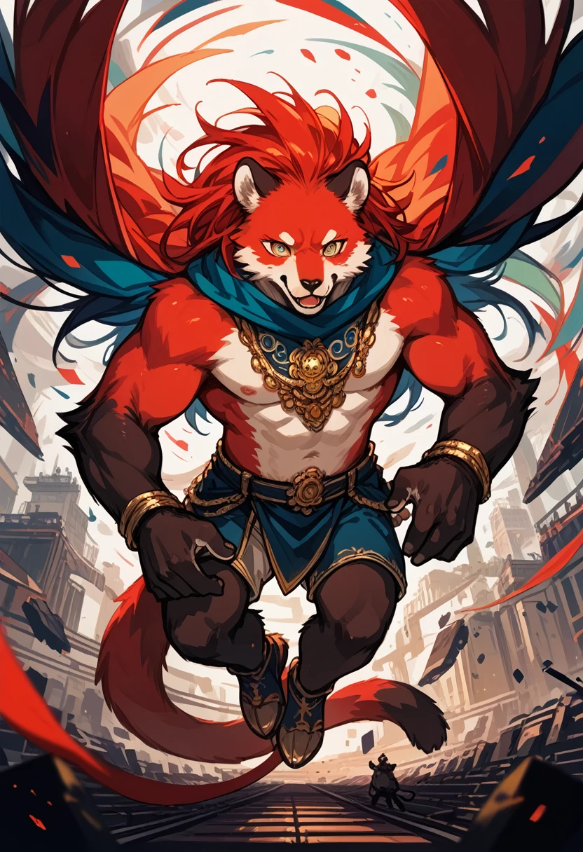 dynamic angle, top quality, best quality, High-quality illustrations, masterpiece, super high resolution, detailed background, detailed background, Monkey A Journey to the West, action, boy, girl, absurdres, perfect anatomy, expression, good lighting, cinematic shadow(kemono, furry anthro),
