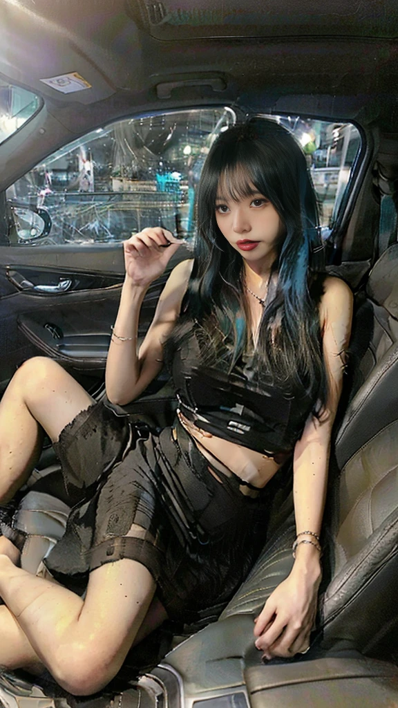 ((Best quality, 8k, Masterpiece :1.3)), Full body, Sharp focus :1.2, Beautiful woman with perfect figure :1.4, Slim stomach :1.2, ((cyan hair, :1.2)), body dress : 1.1 , (Night city view, Bedroom :1.1), Highly detailed facial and skin textures, Detailed eyes, Double eyelids, big breasts clothes, expcleavage, (Black Pantyhose)nties) , Interiores, Office, oppaing, horny, lying, restrained, hands up, nsfw, adultes