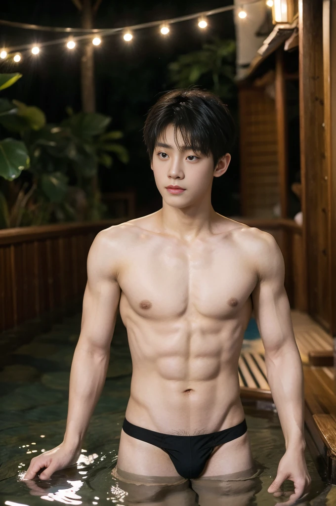 1boy, asian young man, muscular, twink, normal body, Bang Hair, black thong, in the Onsen hot springs