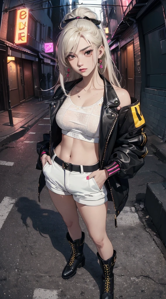 (((8k wallpaper of extremely detailed CG unit:1.2, masterpiece, hight resolution:1.2, top-quality:1.2, masutepiece))), ((a very beautiful woman, Hands in pockets:1.8, Street fashion:1.2, wearing a colorful jacket:1.2, Wearing boots)), ((extra detailed face, Highly detailed black eyes, extra detailed body, Top quality real texture skins)), (color hair:1.2, de pele branca, Small, exposed shoulder), ((Empty alley, Mileland. natta, Neon Street)), (high-angle, a closeup, Fisheye), hyper realisitic, digitial painting,