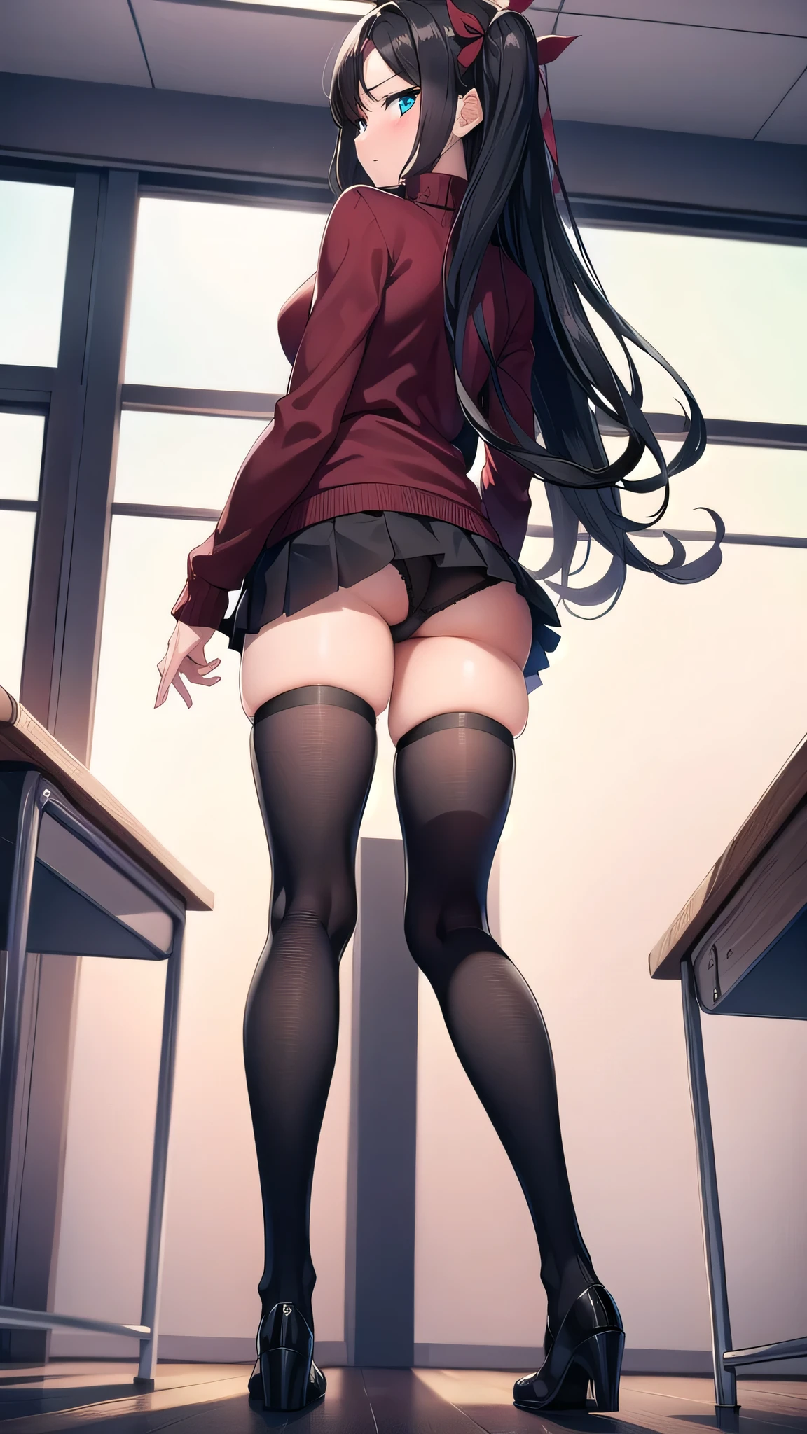 rintohsaka, rin tohsaka kyockcho, aqua eyes, (black hair:1.5), hair ribbon, long hair, ribbon, sidelocks, two side up, (parted bangs:1.5),
BREAK black skirt, black thighhighs, long sleeves, miniskirt, pleated skirt, (red sweater:1.5), skirt, sweater, thighhighs, turtleneck,
BREAK indoors, classroom,school,desk,tables,
BREAK looking at viewer,
BREAK (masterpiece:1.2), best quality, high resolution, unity 8k wallpaper, (illustration:0.8), (beautiful detailed eyes:1.6), extremely detailed face, perfect lighting, extremely detailed CG, (perfect hands, perfect anatomy),standing, from behind,back view photo,full body,long legs, skinny fit,shows panties,upskirt,sexy panties,wet panties,