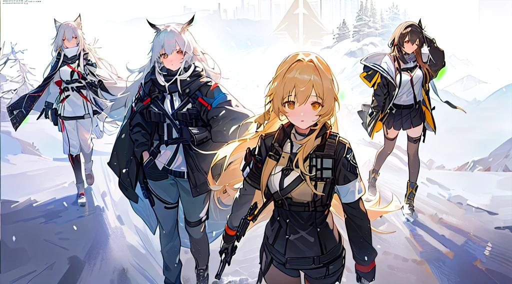 anime characters in a group walking through a snowy field, Girls' Frontline cg, from Girls' Frontline, Girls' Frontline style, Girls' Frontline universe, Girls' Frontline, fine-details. Girls' Frontline, arknights, best 4k konachan anime wallpaper, 坏蛋动漫8 K, dos arknights, anime key visual concept art, visual principal do romance visual, visual novel cg
