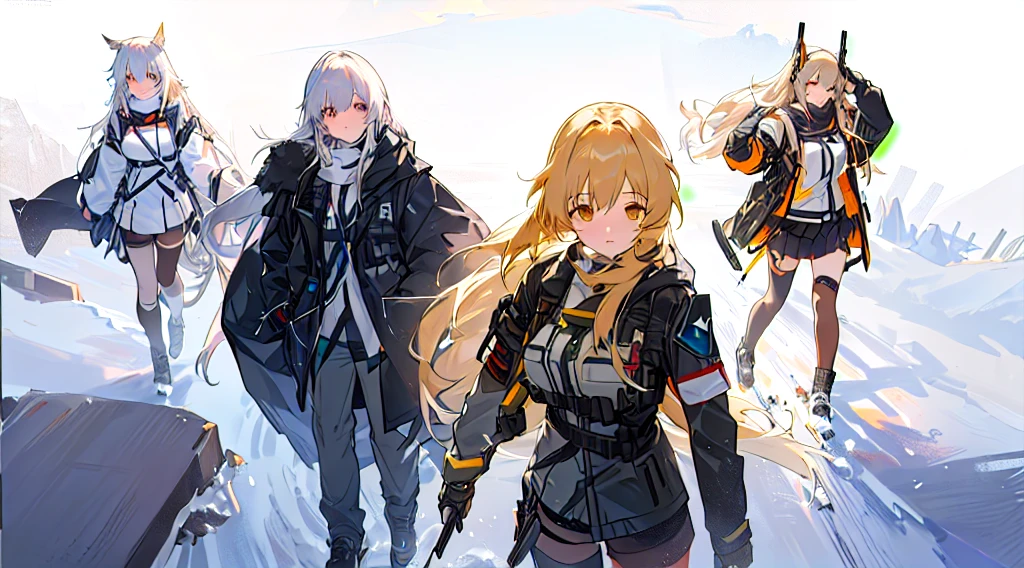 anime characters in a group walking through a snowy field, Girls' Frontline cg, from Girls' Frontline, Girls' Frontline style, Girls' Frontline universe, Girls' Frontline, fine-details. Girls' Frontline, arknights, best 4k konachan anime wallpaper, 坏蛋动漫8 K, dos arknights, anime key visual concept art, visual principal do romance visual, visual novel cg