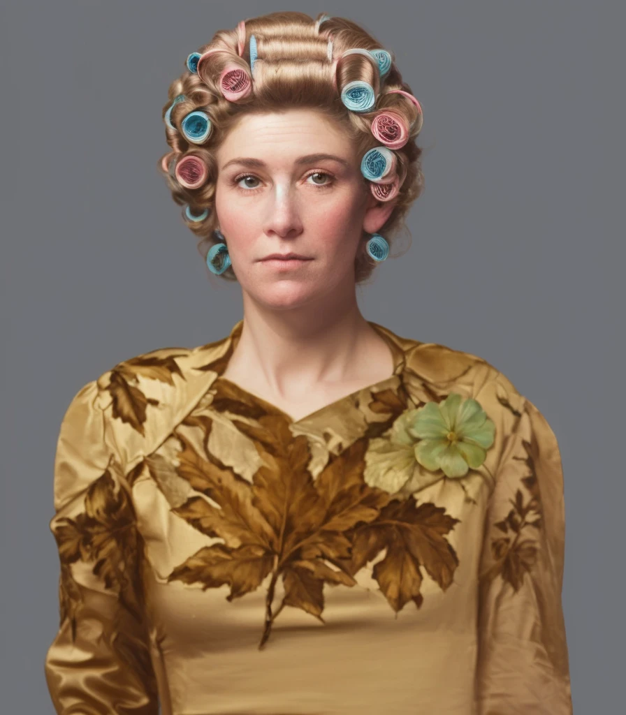 há uma mulher com bobes na cabeça e um vestido, inspirado em Jean-Étienne Liotard, inspirado em Cindy Sherman, retrato no estilo craola, retrato sem nudez vestido, john currin, inspirado por Henriette Wyeth, inspirado em Henry Raeburn, retrato n - 9, retrato de transformação, retrato colorido