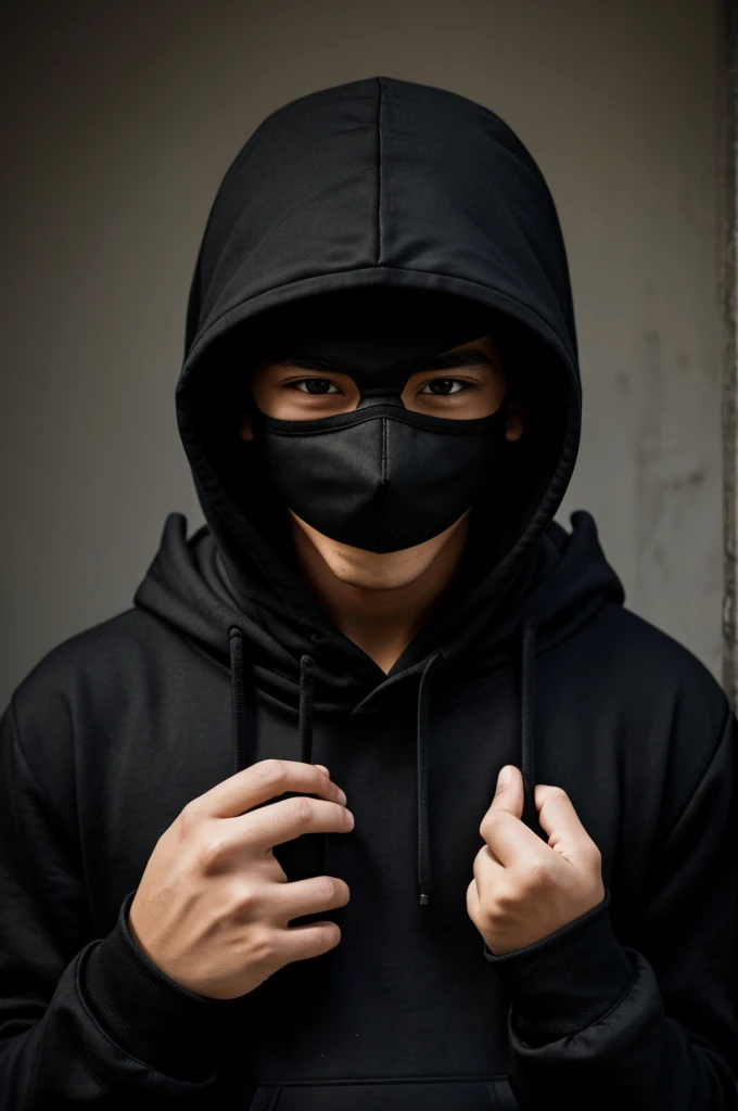 A boy with a black hoodie and a mask that only has his eyes