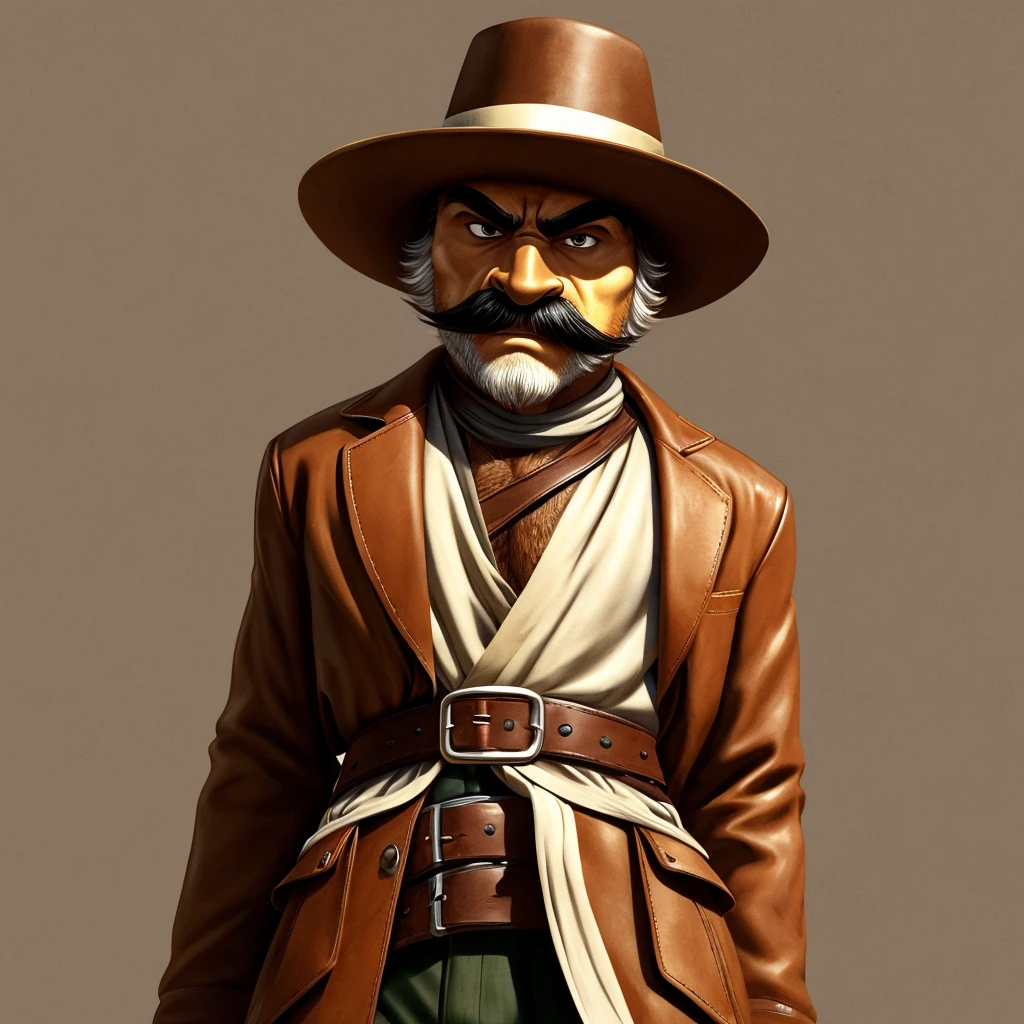 ((masterpiece,best quality)),best res, ((transparent background))El gallo is a the leader of a Mexican gang of Banditos in the early 1900s, he is well groomed but dusty and is brownish-red feathered with a big, admirable, manly, Mexican mustache, dressed only in old-timey mexican bandito gear (thick, worn, brown leather bullet straps crossed over his chest and traditional pistola belt around his wAIST of the same style) and stands intimidatingly at an angle with one foot forward in front of a 100% transparent background with a mildly angry, cocky expression, chin up, looking down from the slightly upward point of view of the viewer