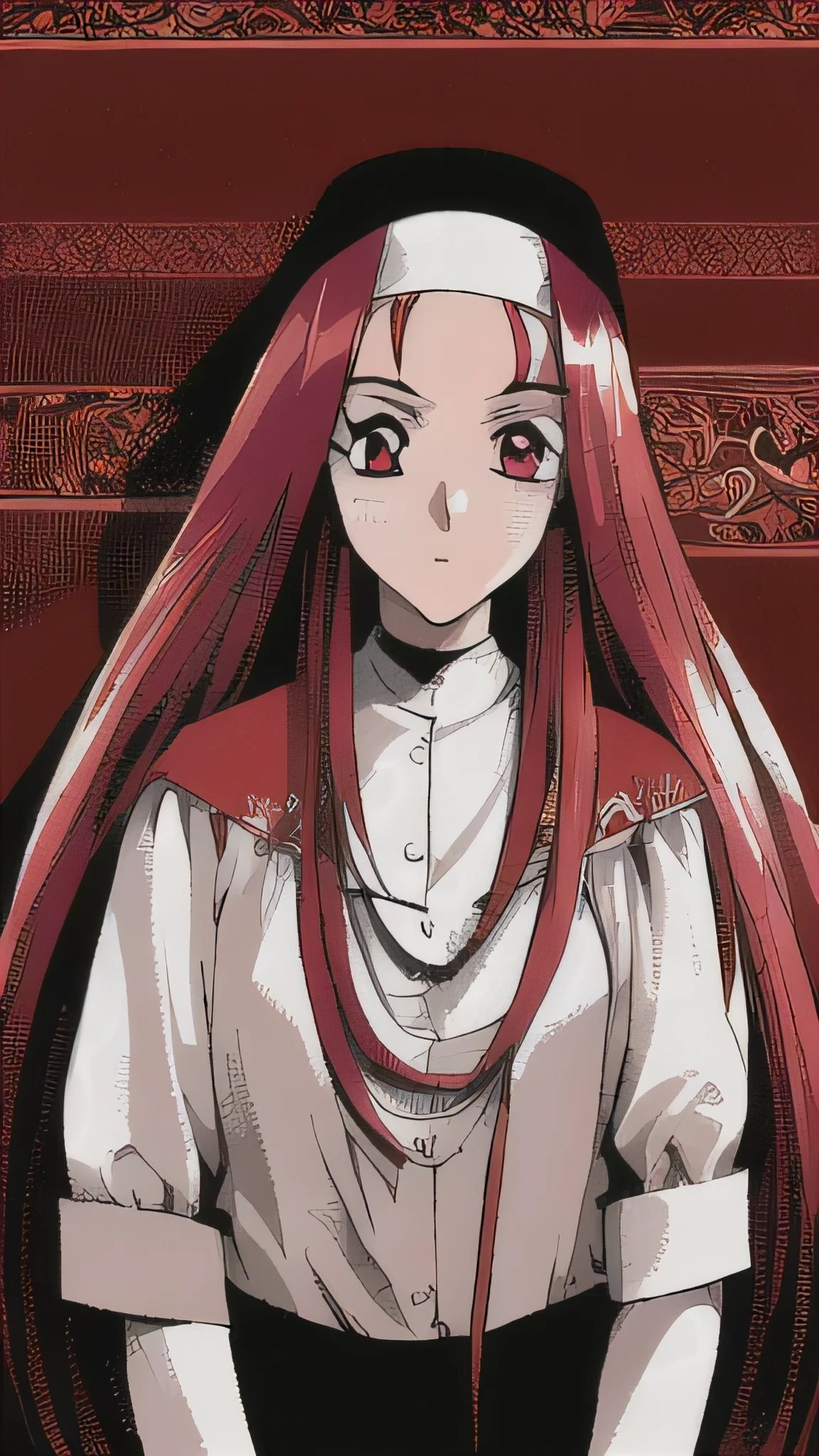 best quality,highly detailed,masterpiece,ultra-detailed,illustration,long hair,red hair, nun, 1 girl,red eyes, extremely detailed CG unity 8k wallpaper, highres, colorful,galgame,Standing picture, White background,Front view