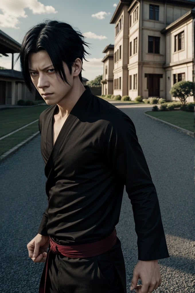 Jujutsu kaisen style screenshot, effeminate boy, semi long messy black hair, red eyes that convey sleep, very long eyelashes, very pale skin, He is wearing a tight shirt, he is thin, in the background there is a mansion.