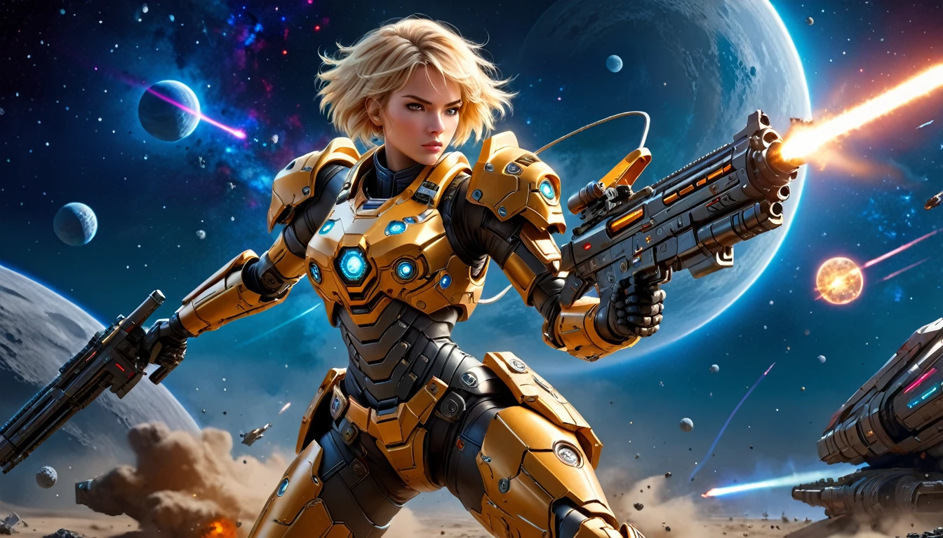 a female mech warrior in battle on a moon in space, full body shot, action shot, a tough and beautiful female mech warrior, short blond hair, dynamic eye color, intent gaze, ultra detailed face, best detailed face, she wears mech armor, and massive sci-fi gun, in battle, outer space background, stars, vibrant, Ultra-high resolution, High Contrast, (masterpiece:1.5), highest quality, Best aesthetics), best details, best quality, highres, (ultra wide angle: 1.2), 16k, ultra detailed, masterpiece, best quality, (extremely detailed),aetherpunkai, Mechanical Creatures, assault rifle