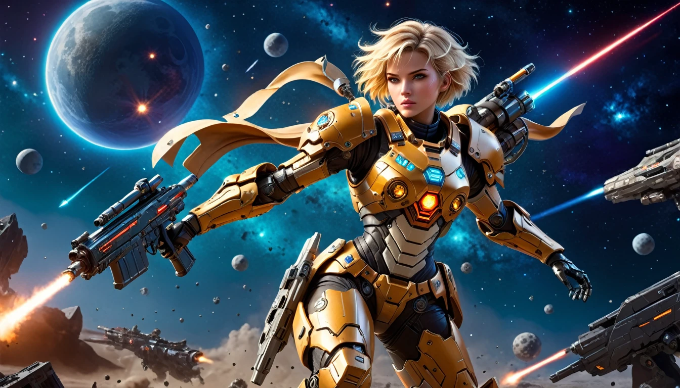 a female mech warrior in battle on a moon in space, full body shot, action shot, a tough and beautiful female mech warrior, short blond hair, dynamic eye color, intent gaze, ultra detailed face, best detailed face, she wears mech armor, and massive sci-fi gun, in battle, outer space background, stars, vibrant, Ultra-high resolution, High Contrast, (masterpiece:1.5), highest quality, Best aesthetics), best details, best quality, highres, (ultra wide angle: 1.2), 16k, ultra detailed, masterpiece, best quality, (extremely detailed),aetherpunkai, Mechanical Creatures, assault rifle