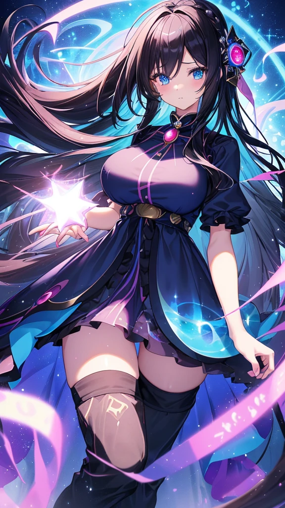 best quality, extremely detailed, anime style adult 1girl, long hair down to the waist, straight hair, ((dark black hair with bluish)), beautiful detailed eyes, pinched eyes, dark blue eyes, huge breasts,curvy, ((((kawaii colorful magical dress)))),((trousers)),hair accessory,((mysterious item in mysterious place)),dynamic pose,magic square,game cg,