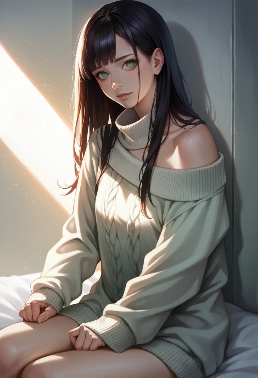 A woman with long black hair, beautiful detailed green eyes, wearing a cozy oversized sweater, no pants, exposing her intimate area, highly detailed, anime style, photorealistic, 8k, masterpiece, intricate details, dramatic lighting, vibrant colors, cinematic composition