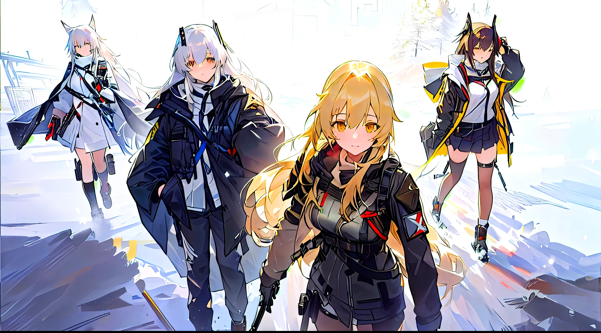 anime characters in a group walking through a snowy field, Girls' Frontline cg, from Girls' Frontline, Girls' Frontline style, Girls' Frontline universe, Girls' Frontline, fine-details. Girls' Frontline, arknights, best 4k konachan anime wallpaper, 坏蛋动漫8 K, dos arknights, anime key visual concept art, visual principal do romance visual, visual novel cg
