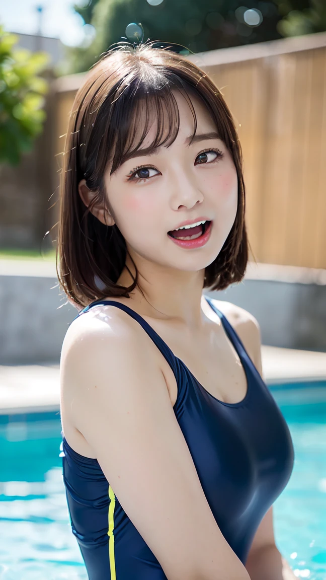 run-6500-v1.1, Beautiful detailed girl, Highly detailed eyes and face, , Perfect figure, Large and firm breasts、【sexual excitement:1.6】、short hair、high school girl、(Japanese School Swimsuit、Navy blue one-piece swimsuit、Navy blue Japanese student swimsuit:1.3)、Small hips, Lying by the pool, ((Insert、Deep joy、Ecstatic eyes:1.2), ((Gasping hard:1.2))、Ecstatic face、Climax expression、Endure:1.5)), My whole body is convulsing, Glowing Skin、Detailed face, Official Art,Highly detailed CG Unity 8k wallpaper, (masterpiece:1.0),(highest quality:1.0), photo shoot, 8k, Browsing Caution, High resolution, Kodak Portrait 400, Film Grain, Lens flare brilliance,View your viewers