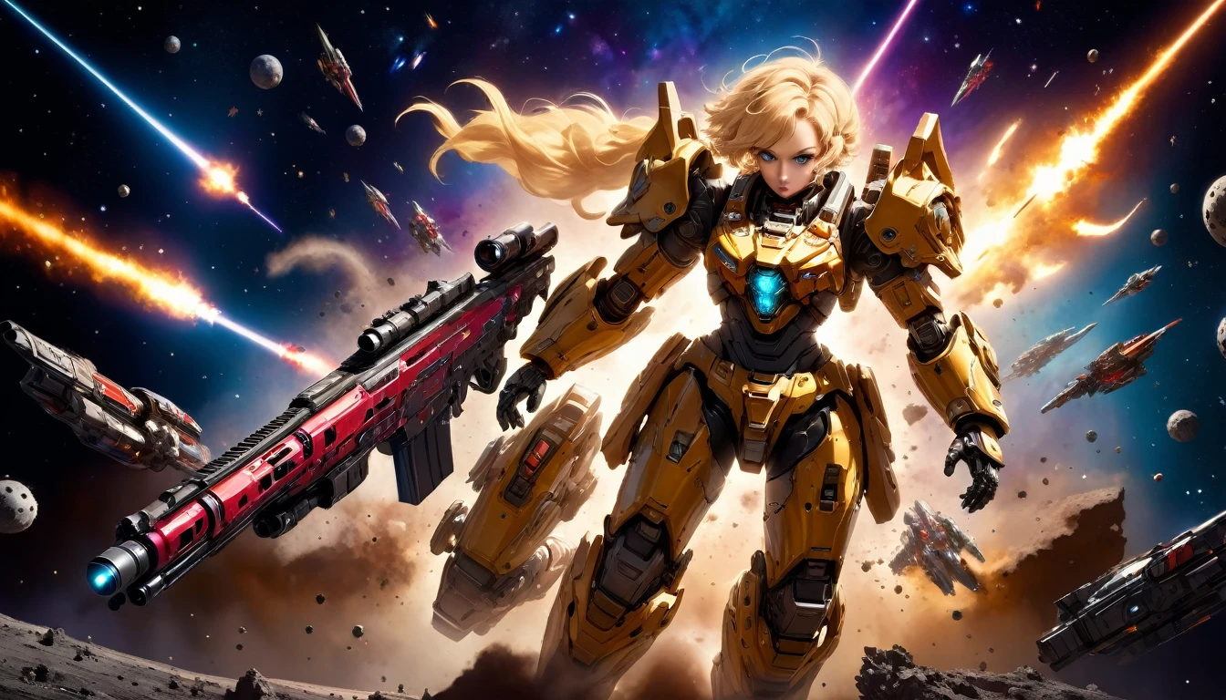 a female mech warrior in battle on a moon in space, full body shot, action shot, a tough and beautiful female mech warrior, short blond hair, dynamic eye color, intent gaze, ultra detailed face, best detailed face, she wears mech armor, and massive sci-fi gun, in battle, outer space background, stars, vibrant, Ultra-high resolution, High Contrast, (masterpiece:1.5), highest quality, Best aesthetics), best details, best quality, highres, (ultra wide angle: 1.2), 16k, ultra detailed, masterpiece, best quality, (extremely detailed),aetherpunkai, Mechanical Creatures, assault rifle