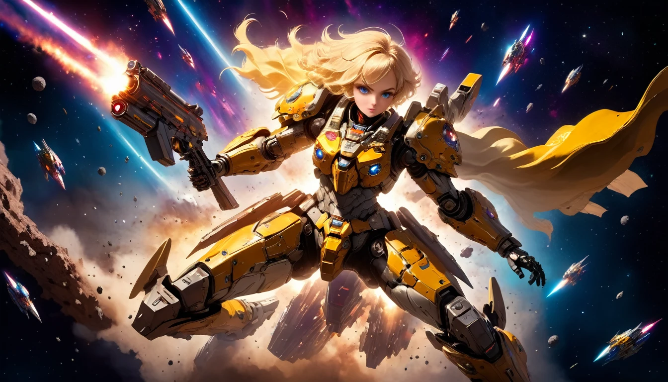 a female mech warrior in battle on a moon in space, full body shot, action shot, a tough and beautiful female mech warrior, short blond hair, dynamic eye color, intent gaze, ultra detailed face, best detailed face, she wears mech armor, and massive sci-fi gun, in battle, outer space background, stars, vibrant, Ultra-high resolution, High Contrast, (masterpiece:1.5), highest quality, Best aesthetics), best details, best quality, highres, (ultra wide angle: 1.2), 16k, ultra detailed, masterpiece, best quality, (extremely detailed),aetherpunkai, Mechanical Creatures, assault rifle