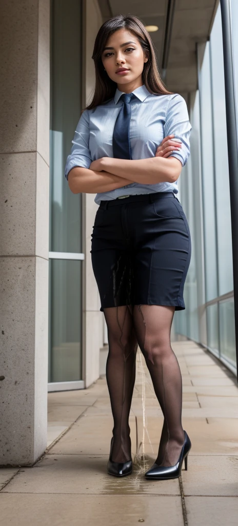 best qualtiy, Full body like,Refined face,pretty face,25 years old woman,slimfigure,Larger bust,office lady uniform,office uniform,black lence stockings,black heels,Outdoor Scene,Stand up wetting her clothes(peeing self,urination:1.4)necktie(wetting herself:1.5), (desperation:1.75),(arms crossed:1.5)