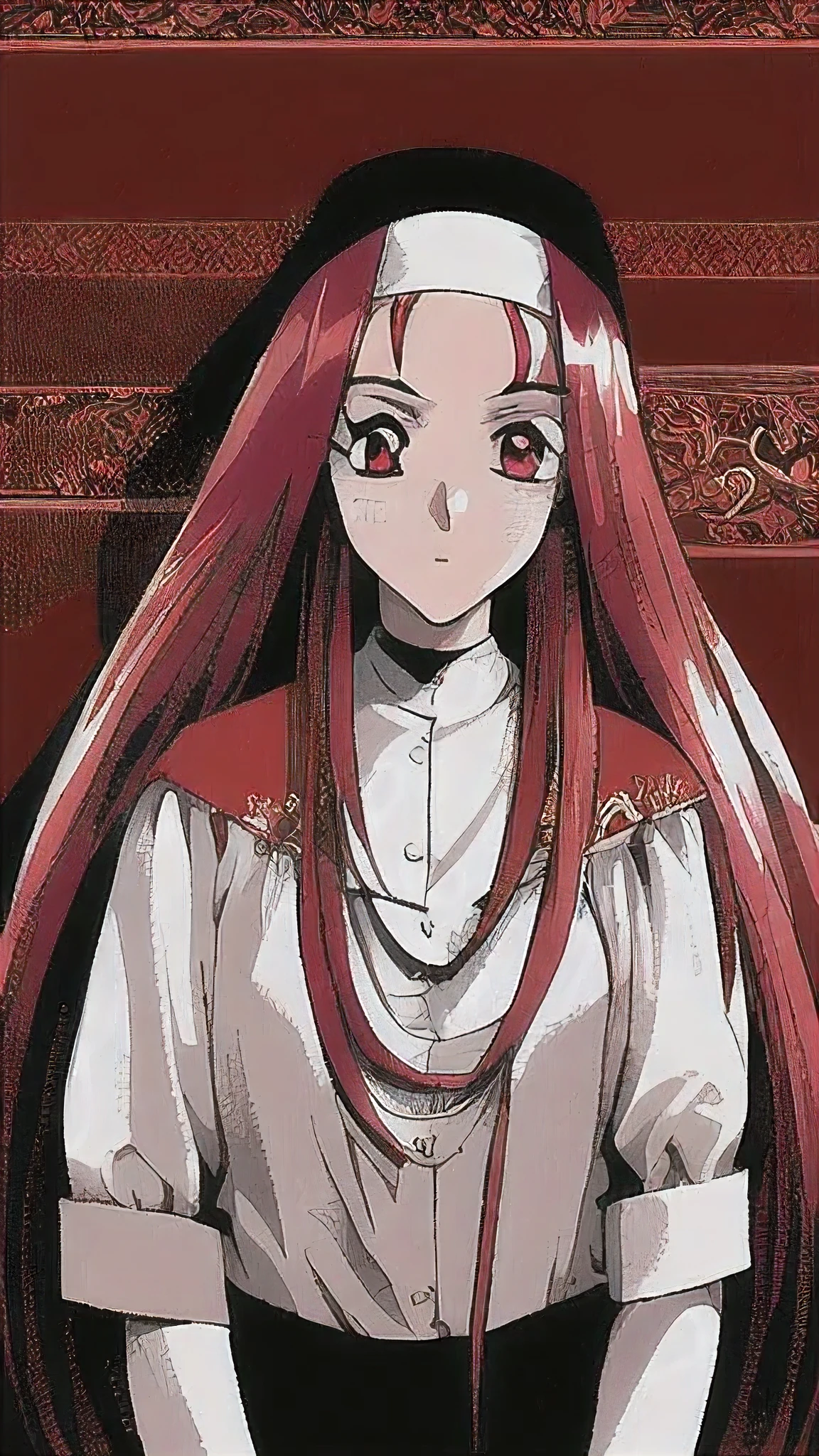 best quality,highly detailed,masterpiece,ultra-detailed,illustration,long hair,red hair, nun, 1 girl,red eyes, extremely detailed CG unity 8k wallpaper, highres, colorful,galgame,Standing picture, White background,Front view