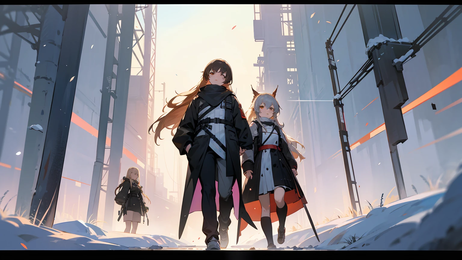 anime characters in a group walking through a snowy field, Girls' Frontline cg, from Girls' Frontline, Girls' Frontline style, Girls' Frontline universe, Girls' Frontline, fine-details. Girls' Frontline, arknights, best 4k konachan anime wallpaper, 坏蛋动漫8 K, dos arknights, anime key visual concept art, visual principal do romance visual, visual novel cg