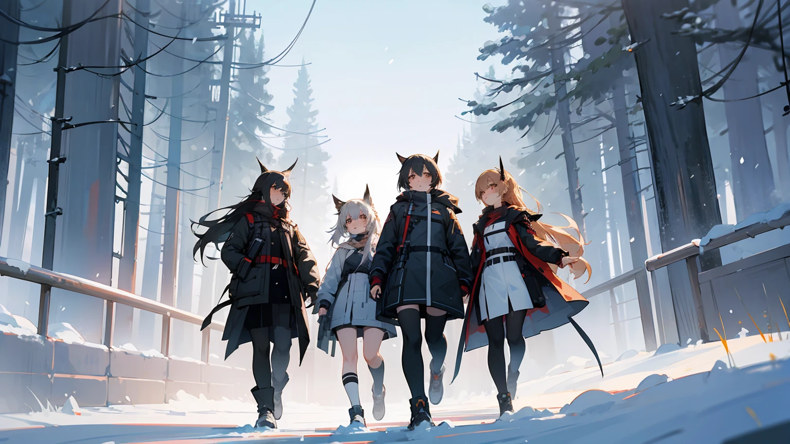 anime characters in a group walking through a snowy field, Girls' Frontline cg, from Girls' Frontline, Girls' Frontline style, Girls' Frontline universe, Girls' Frontline, fine-details. Girls' Frontline, arknights, best 4k konachan anime wallpaper, 坏蛋动漫8 K, dos arknights, anime key visual concept art, visual principal do romance visual, visual novel cg