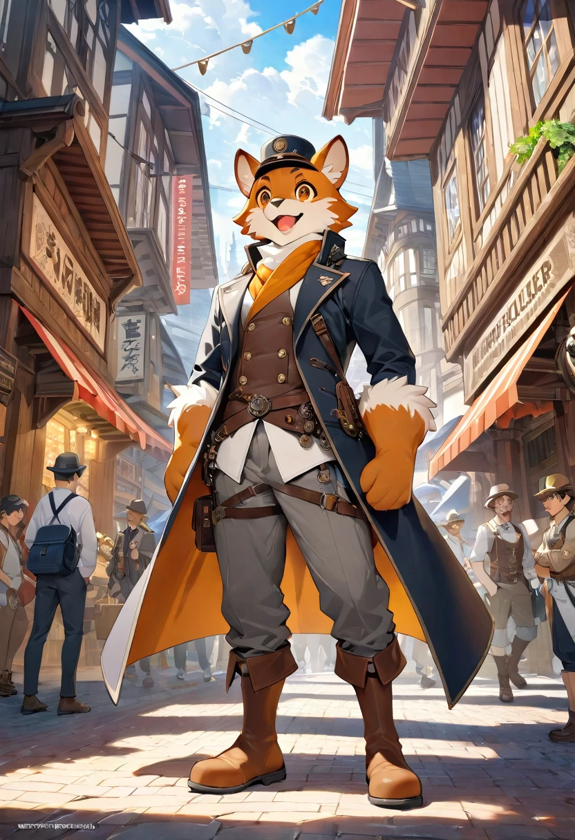 cover_page, highres, top quality, best quality, paid reward available, High-quality illustrations, unparalleled masterpiece, perfect artwork, absurdres, figma, super high resolution, detailed background, Steam punk, Beautiful World Heritage, boys, Happy, joyful(Photos of solo travelers)(kemono, furry anthro)cinematic lighting, dynamic angle,