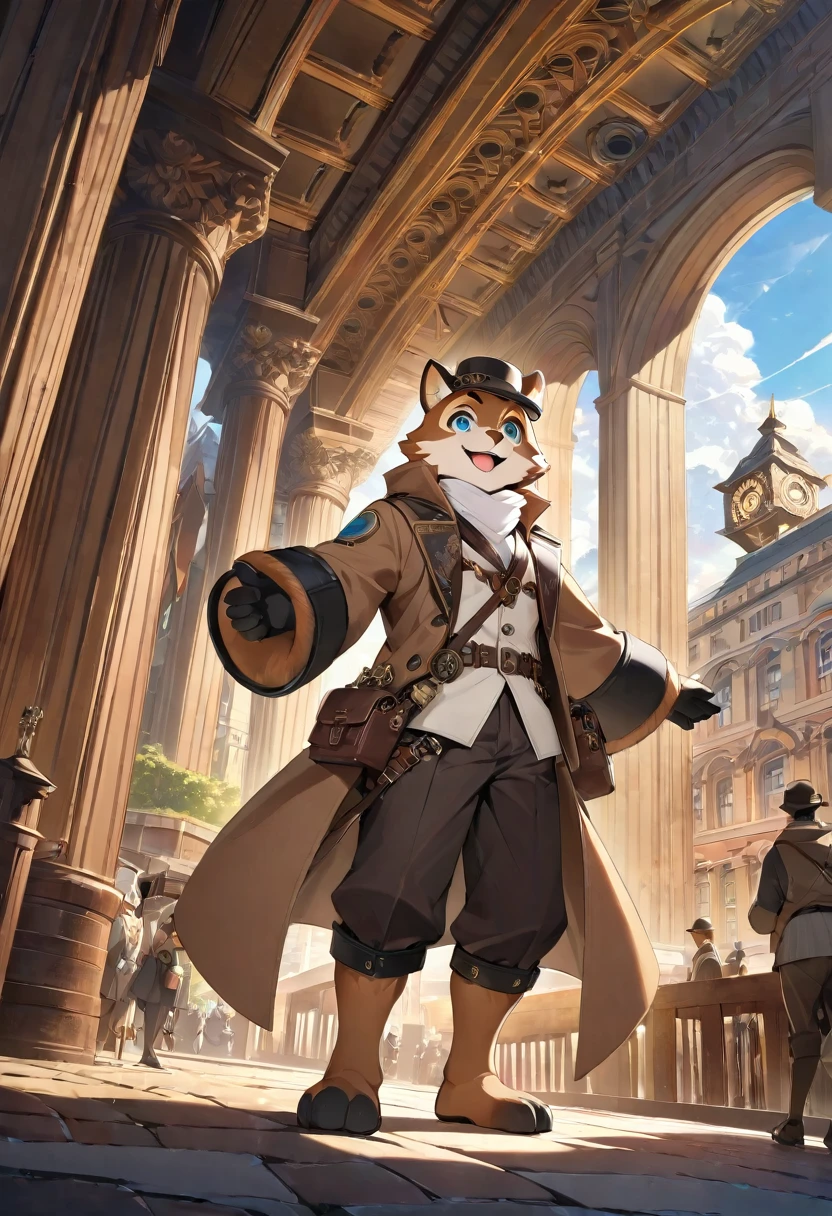 cover_page, highres, top quality, best quality, paid reward available, High-quality illustrations, unparalleled masterpiece, perfect artwork, absurdres, figma, super high resolution, detailed background, Steam punk, Beautiful World Heritage, boys, Happy, joyful(Photos of solo travelers)(kemono, furry anthro)cinematic lighting, dynamic angle,