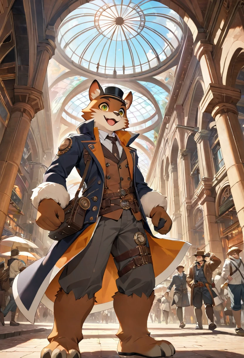 cover_page, highres, top quality, best quality, paid reward available, High-quality illustrations, unparalleled masterpiece, perfect artwork, absurdres, figma, super high resolution, detailed background, Steam punk, Beautiful World Heritage, boys, Happy, joyful(Photos of solo travelers)(kemono, furry anthro)cinematic lighting, dynamic angle,