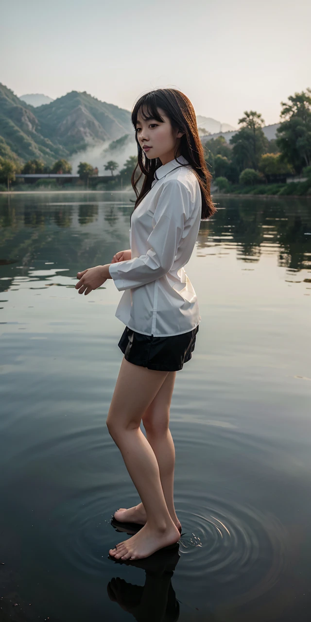 A beautiful Chinese girl standing on the water, misty reflection