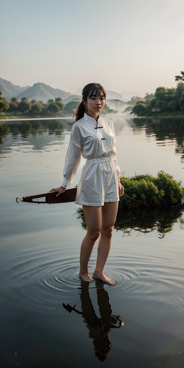 A beautiful Chinese girl standing on the water, misty reflection