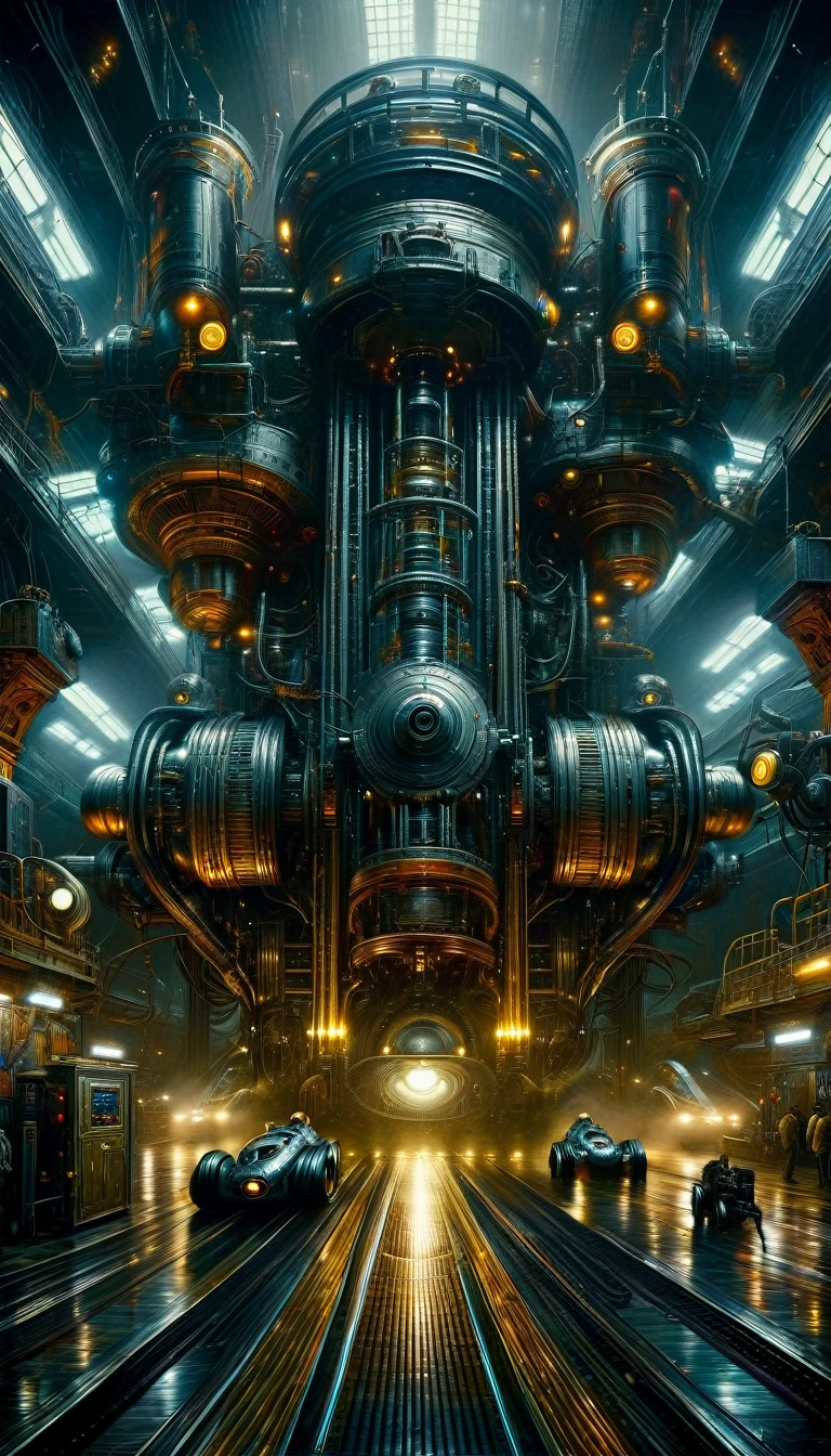 (art inspired by juan gimenez,oil painting,highly detailed,cinematic lighting,dramatic colors,intricate machinery,futuristic technology,epic scale,moody atmosphere,dark and gritty,masterpiece,best quality,8k,photorealistic,professional)
