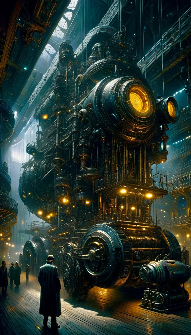 (art inspired by juan gimenez,oil painting,highly detailed,cinematic lighting,dramatic colors,intricate machinery,futuristic technology,epic scale,moody atmosphere,dark and gritty,masterpiece,best quality,8k,photorealistic,professional)