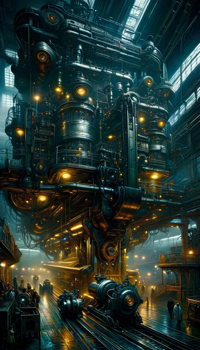 (art inspired by juan gimenez,oil painting,highly detailed,cinematic lighting,dramatic colors,intricate machinery,futuristic technology,epic scale,moody atmosphere,dark and gritty,masterpiece,best quality,8k,photorealistic,professional)
