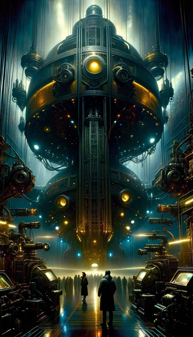 (art inspired by juan gimenez,oil painting,highly detailed,cinematic lighting,dramatic colors,intricate machinery,futuristic technology,epic scale,moody atmosphere,dark and gritty,masterpiece,best quality,8k,photorealistic,professional)