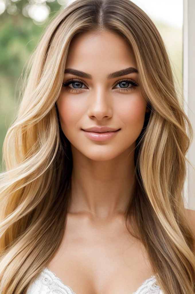 half body portrait photo of a beautiful 25 years european woman, endless long (extra long wavy blonde hair), [[[[chest]]]] [[[[neck]]] [shoulders]]]]], Award - winning photograph, Masterpiece, 8k, ultra high res, hyper detailed, beautiful woman, perfect face, rule of thirds, Perfect eyes, Perfect iris, perfect pupils, (perfectly round iris:1.3), Perfect lips, Perfect teeth, dimples, perfect nose, highly detailed hair, ((detailed face)), ((detailed facial features)), (finely detailed skin), tanned skin, realistic skin texture, extreme skin details, (pores:0.1),(sweaty:0.8), insane details, intricate details, amazing fine detail, photorealistic, photograph, realistic, realism, photorealism, rich colors, lifelike texture, neutral colors, god rays, Soft front light,cinematic lighting, dramatic lighting,dappled light on face, backlight on hair, sharp focus, wide angle, film grain, dslr, raw photo, photographed on Nikon