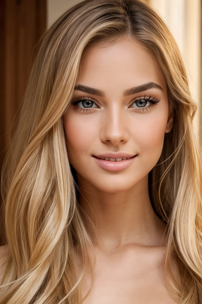 high resolution photo frontal portrait of a woman that a classically beautiful face with delicate, feminine features. Her most striking attributes are her long, luscious blonde hair that falls in soft, flowing waves down to the middle of her back, and her captivating honey-colored eyes that are large and expressive, with long, dark eyelashes framing them. Gabriela has high, sculpted cheekbones, a small, straight nose, and full, pouty lips. Her eyebrows are perfectly shaped and groomed, and she has a heart-shaped face with a strong jawline and a slightly pointed chin. Overall, Gabriela radiates beauty, confidence and sex appeal, with a warm, genuine smile that lights up her face and draws people in.