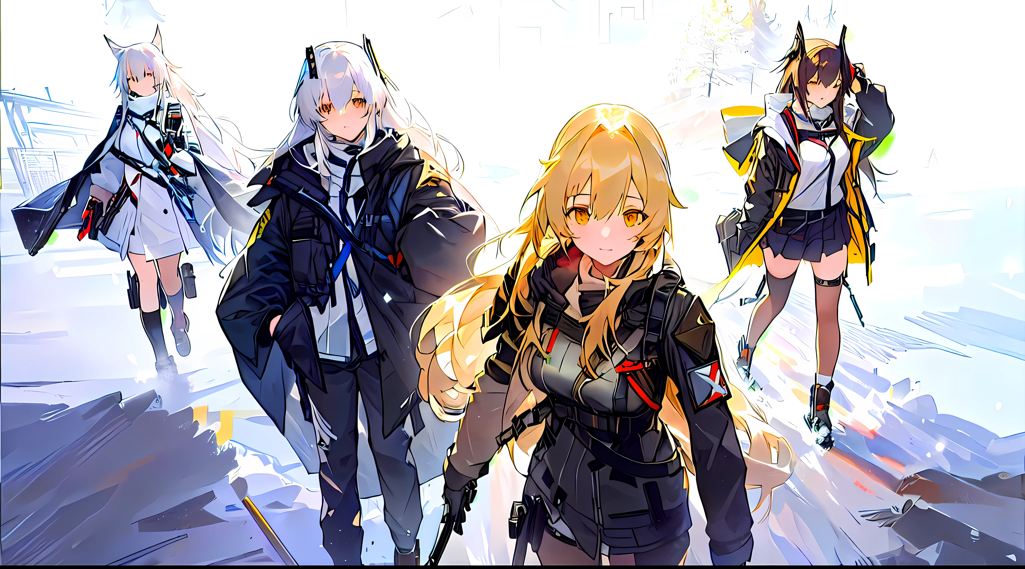 anime characters in a group walking through a snowy field, Girls' Frontline cg, from Girls' Frontline, Girls' Frontline style, Girls' Frontline universe, Girls' Frontline, fine-details. Girls' Frontline, arknights, best 4k konachan anime wallpaper, Badass anime 8 K, dos arknights, anime key visual concept art, visual principal do romance visual, visual novel cg