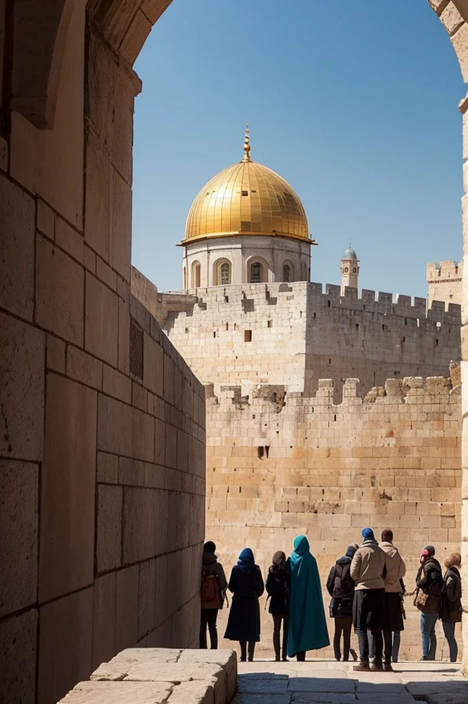 The wall of Jerusalem, with the dome in the background , several people looking at each other from the front , curious and scared , finger pointing