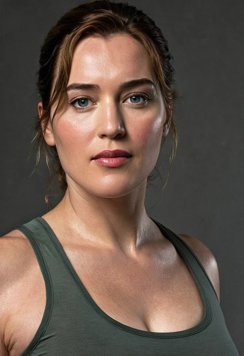 Looks like Kate Winslet, Wearing a tank top, thick figure, Capture Lara Croft in a luminous photograph that showcases her fearless spirit and undeniable beauty, Bring her to life with intricate details and a realistic portrayal,detailed skin, perfect eyes, highlighting her iconic symmetry, Realism, textured skin, super detail, award winning, best quality, 16k, retina