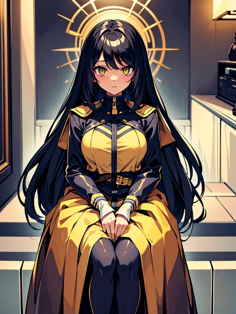 (masterpiece), best quality, expressive eyes, perfect face, (masterpiece), best quality, expressive eyes, perfect face. (absurdres, highres, ultra detailed), 1 girl black skin, plump lips, black skin, cute and delicate. extremely long black hair  hair, freckles on her face, her breasts are small, completely innocent face, she is wearing big clothes, yellow  eyes. BLACK SKIN, WOMAN BLACK SKIN, ONLY BLACK SKIN allowed, DARK_SKIN, in the room. high quality, 8k, 4k, FULL BODY. MODERN AND TECHNOLOGICAL ERA  
