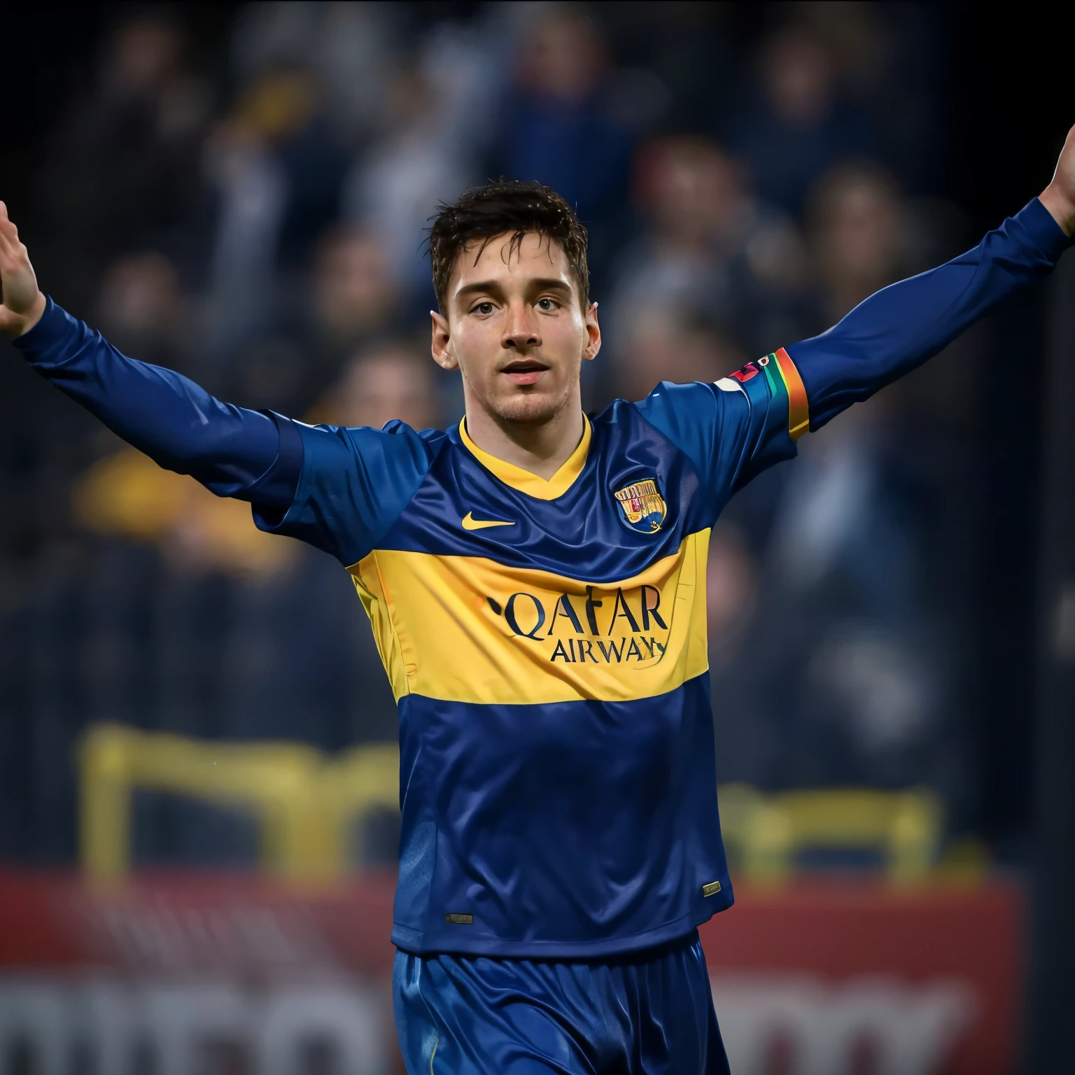 Arafed soccer player with arms outstretched in celebration after a goal.., Messi, Lionel Messi, 🚿🗝📝, Lionel Messi portrait, Edon Gurazú, by Juan Carlos Stekelman, inspired by the Maestro del Bambino Vispo, luis melo, Blue and gold cinematics., uploaded, number 31!!!!!, mohamed calm down
