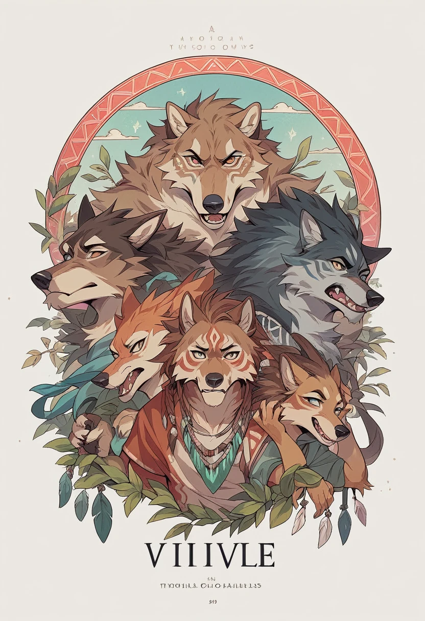 8k, cover_page, Tribal Spirit animals, A t-shirt design inspired by tribal art and folklore, featuring intricately detailed spirit animals such as wolves, The design incorporates geometric patterns and bold linework to create a striking and powerful composition, white background,