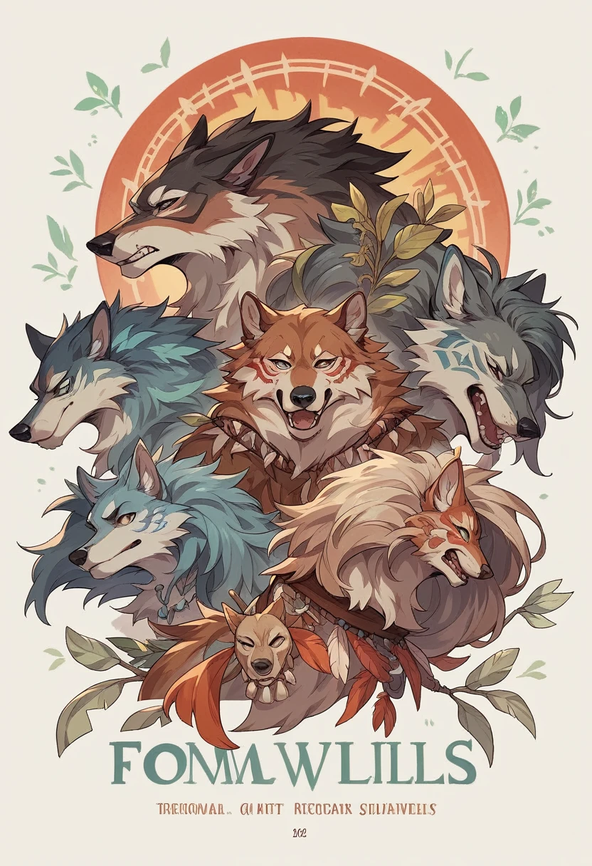 8k, cover_page, Tribal Spirit animals, A t-shirt design inspired by tribal art and folklore, featuring intricately detailed spirit animals such as wolves, The design incorporates geometric patterns and bold linework to create a striking and powerful composition, white background,
