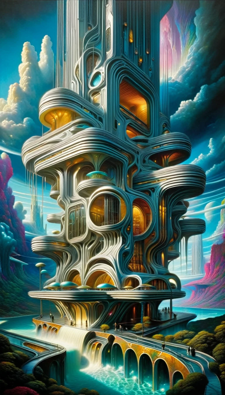 (art inspired by juan gimenez,oil painting,surreal landscape,detailed futuristic architecture,dramatic lighting,cinematic composition,vibrant colors,photorealistic,masterpiece:1.2,ultra-detailed,realistic:1.37,sharp focus,physically-based rendering,professional,vivid colors)