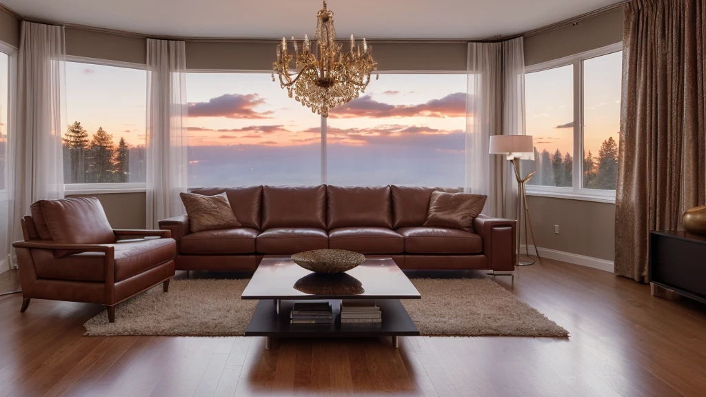(Masterpiece), (photorealistic:1.5), (of the highest quality:1.4, 8k, raw photo, ultra high resolution, Professional lighting, Perfect dynamic composition, film grain, chromatic aberration, (bokeh:1.1), sophisticated, Surreal, high detail, golden ratio, stunning view of a contemporary style living room , with various furniture in brightly colored leather, very polished and shiny dark wood carpentry, contemporary lamps, natural lighting through large windows with white curtains blowing in the wind, at sunset with reddish clouds in the background