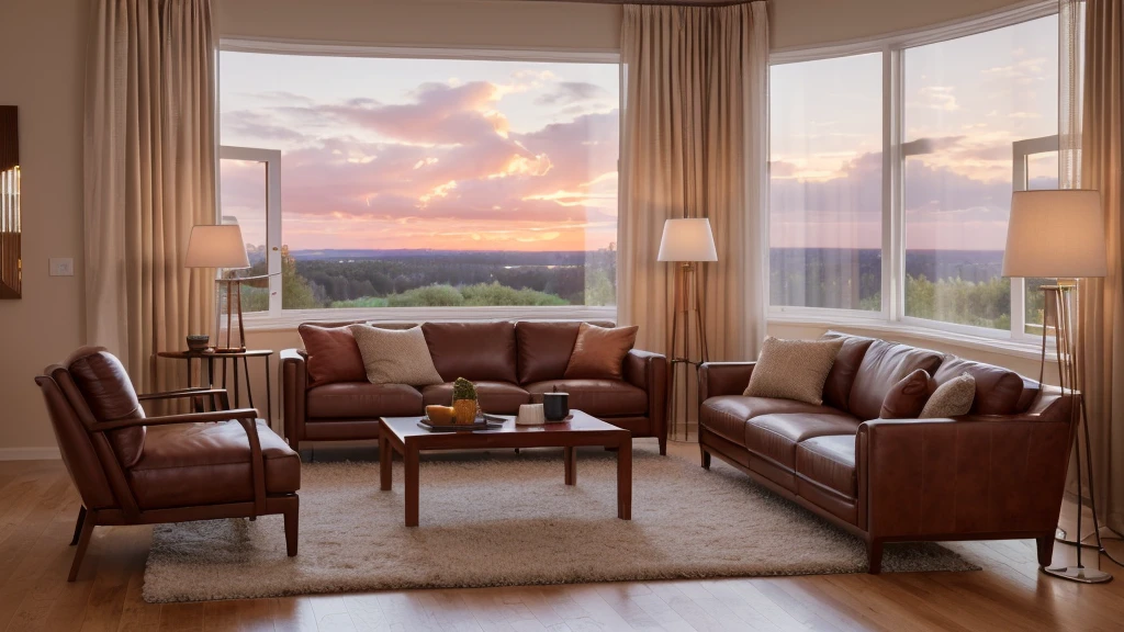 (Masterpiece), (photorealistic:1.5), (of the highest quality:1.4, 8k, raw photo, ultra high resolution, Professional lighting, Perfect dynamic composition, film grain, chromatic aberration, (bokeh:1.1), sophisticated, Surreal, high detail, golden ratio, stunning view of a contemporary style living room , with various furniture in brightly colored leather, very polished and shiny dark wood carpentry, contemporary lamps, natural lighting through large windows with white curtains blowing in the wind, at sunset with reddish clouds in the background